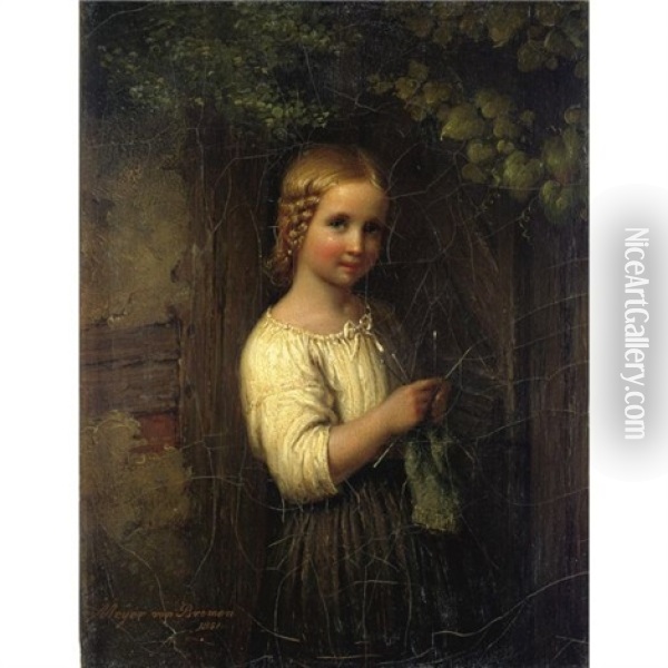 Knitting Girl Oil Painting - Johann Georg Meyer von Bremen