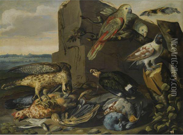Landscape With Exotic Birds, Dead Game And An Eagle Attacking Ahen Oil Painting - Carstiaen Luyckx