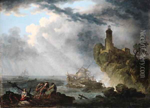 A shipwreck in stormy seas with survivors on a rocky outcrop, a lighthouse beyond Oil Painting - Pierre Joseph Wallaert