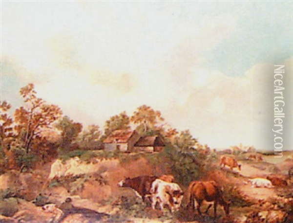 Extensive Country Landscape, With Drover And Cattle In The Foreground Oil Painting - Thomas Barker