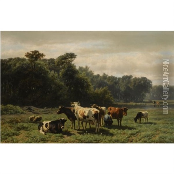 A Peasant With Cattle In A Sunlit Meadow Oil Painting - Hendrik Savry
