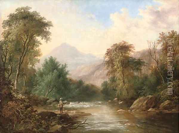 An angler in a mountainous river landscape Oil Painting - James Burrell Smith