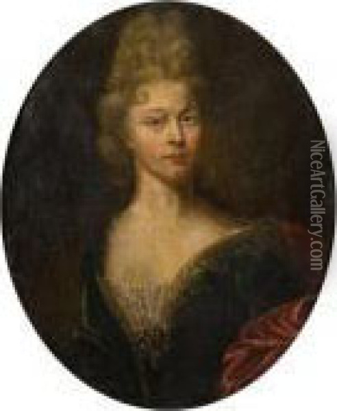 Portrait De Jeune Femme A La 
Robe Bleue Et A La Draperie Rouge Et Portrait De Gentilhomme Oil Painting - Francois de Troy