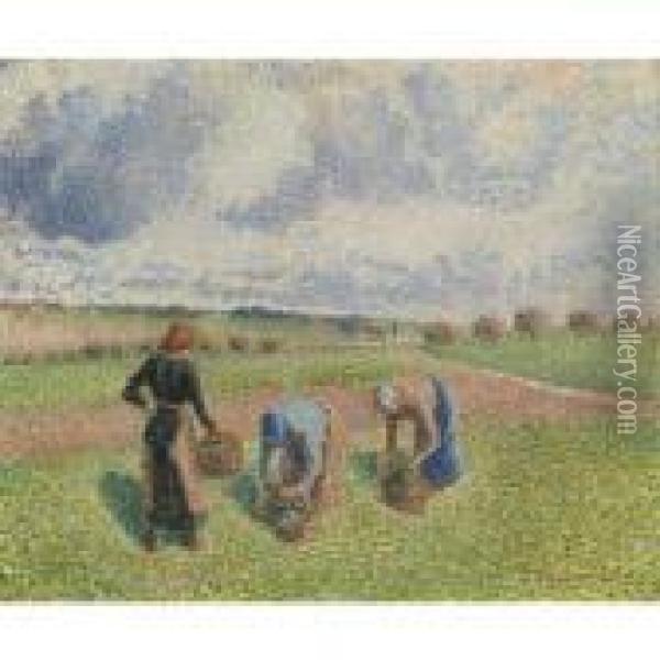 Paysannes Ramassant Des Herbes, Eragny Oil Painting - Camille Pissarro