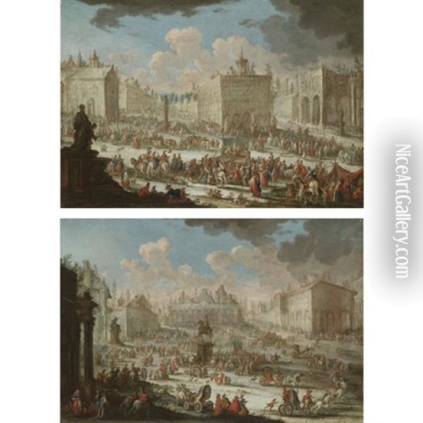 A Capriccio Of A Town With Galleys, Actors Performing On A Stage, And A Statue In The Foreground (+ A Capriccio Of A Town With Numerous Figures, A Horse-drawn Carriage And An Equestrian Statue In The Centre Of The Square; Pair) Oil Painting - Giuseppe Poli
