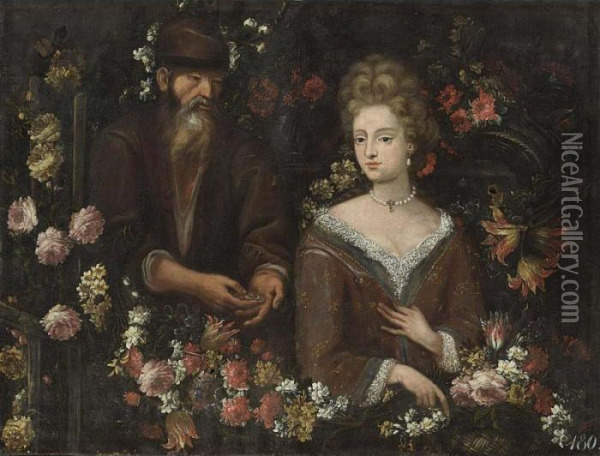 An Allegory Of Unequal Love Surrounded By Various Flowers Oil Painting - Mario Nuzzi Mario Dei Fiori