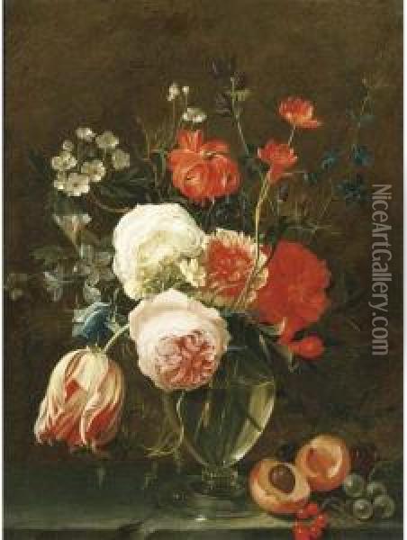 A Still Life Of Flowers In A Glass Vase With Fruit On A Stoneledge Oil Painting - Gaspar Thielens