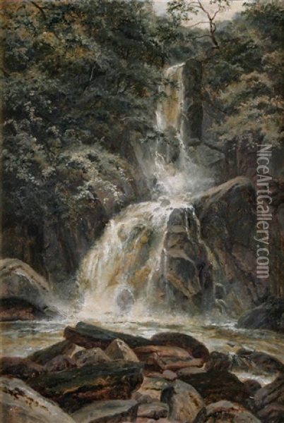 A Waterfall In A Tree-lined Gorge Oil Painting - Edgar Longstaffe
