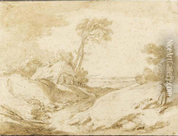 Hilly Landscape With A Cottage To The Left And A Shepherd To The Right Oil Painting - Abraham Bloemaert