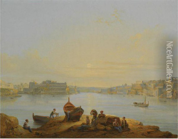 A View Of Of The Grand Harbour At Valletta, Malta Oil Painting - Johann Schranz