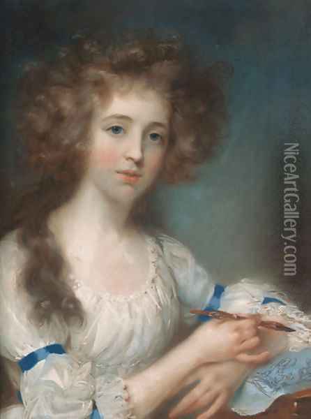 Portrait of a lady, half-length, in a white dress with blue ribbons, holding a brush in her right hand, her left arm resting on a sheet of paper Oil Painting - John Russell