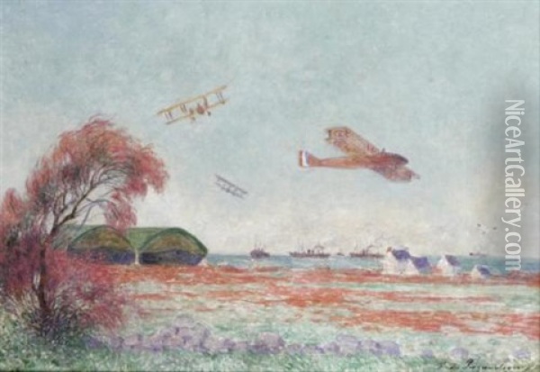 Les Aeroplanes Au Camp De Saint Nazaire Oil Painting - Ferdinand du Puigaudeau