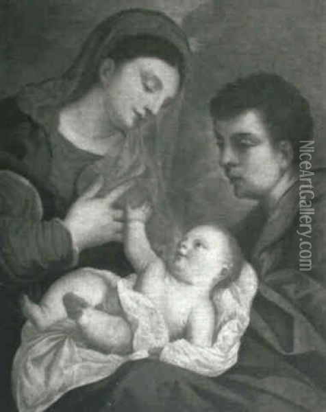Madonna And Child With A Male Saint Oil Painting - Ludovico (Il Padovanino) Leoni