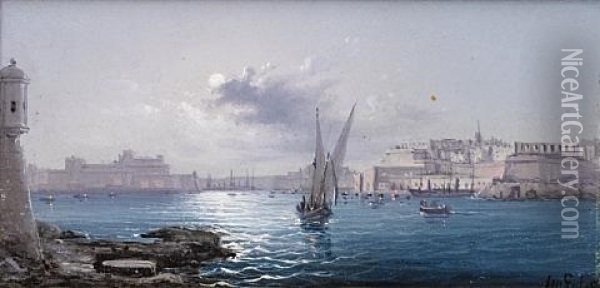 The Grand Harbor, Valetta (+ The Grand Harbour By Moonlight, Smllr; Pair) Oil Painting - Luigi Maria Galea