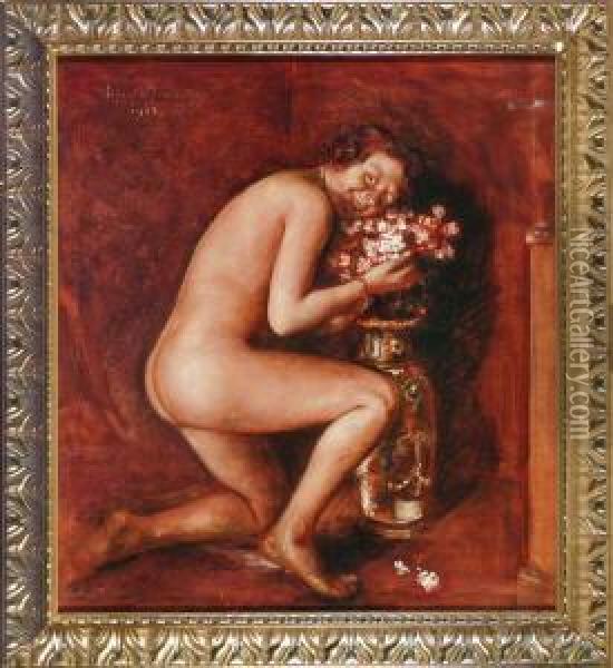 Knieender Weiblicher Akt Mit Roten Blumen An Einer Bodenvase Oil Painting - Otto Hierl-Deronco