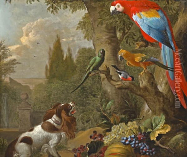 A Still Life With Fruit, Parrots, Cockatoo And Spaniel Oil Painting - Jakob Bogdani