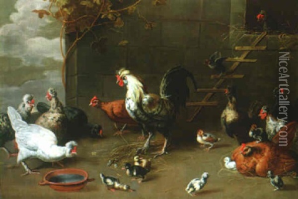 A Farmyard Scene With Guineafowl And Their Young Feeding Oil Painting - Melchior de Hondecoeter