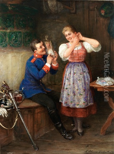 Das Geschenk. Junger Militar Halt Seiner Braut, Die Ohrringe Anprobiert, Den Spiegel Oil Painting - Ludwig Blume-Siebert