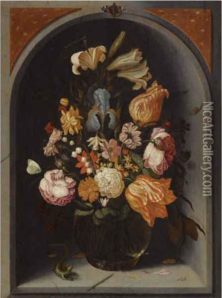 A Still Life Of Tulips, Lilies, Moss Roses, An Iris And Other Flowers In A Glass Vase In A Marble Niche, With Butterflies And A Lizard Oil Painting - Jan Baptist van Fornenburgh