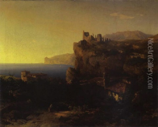 Veduta Del Lago Di Garda Con Il Castello Di Penede E L'abitato Di Nago Oil Painting - Franz Knebel