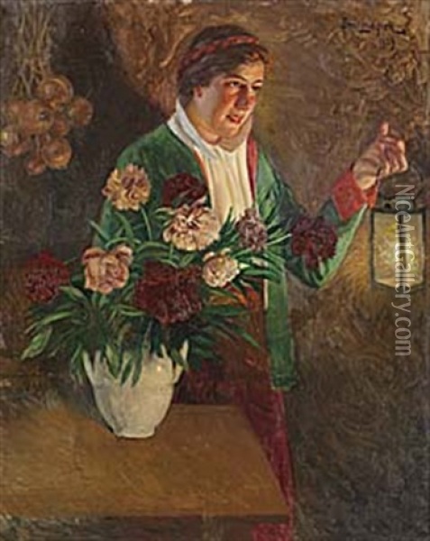 Allmogeflicka I Lyktans Sken Oil Painting - Emil (Harald Emanuel) Lindgren