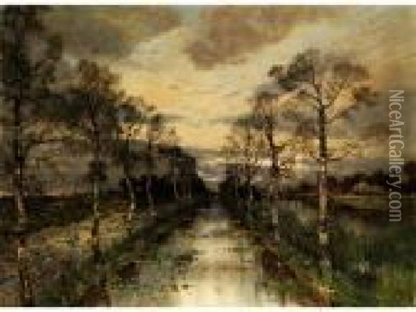 Herbstliche Flachlandschaft Mit 
Einem Kanal, Von Birken Gesaumt, Unter Regnerischem Wolkenhimmel Oil Painting - Karl Heffner
