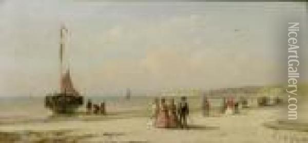 Elegant Company On The Beach Of Scheveningen Oil Painting - Andreas Schelfhout
