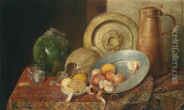 Obststillleben Mit Korbflasche Und Orientalischem Tafelgeschirr Oil Painting - Daniel Israel