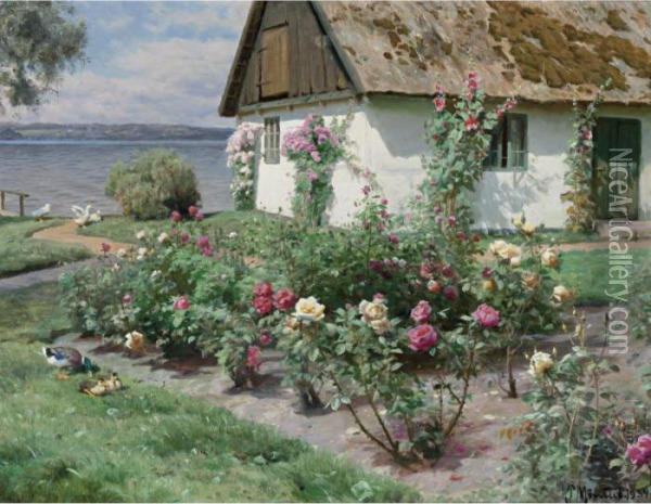 Rose Bushes And A Cottage By The Water, Sorup Oil Painting - Peder Mork Monsted