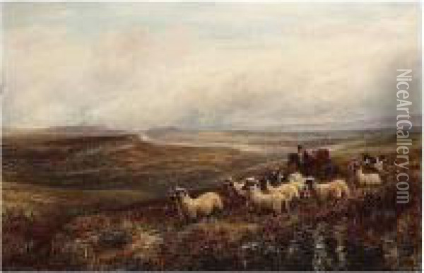 Landscape With Sheep, Signed And Dated 1876, Oil On Canvas, 40.5 X 61 Cm.; 16 X 24 In Oil Painting - Charles Thomas Burt