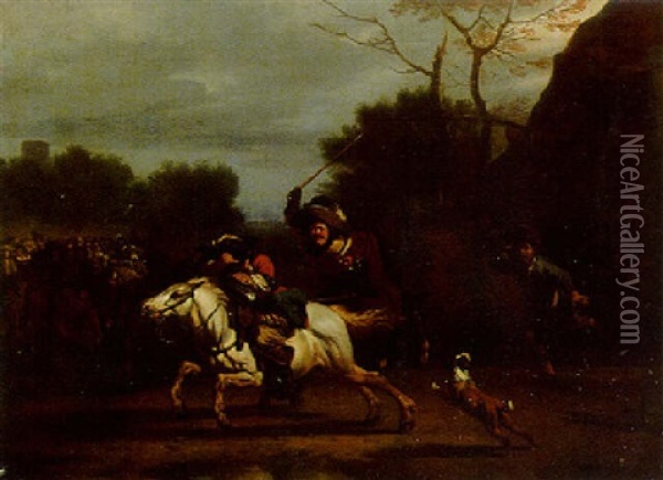 A Cavalryman Chased From A Village Inn Oil Painting - Jan van Huchtenburg
