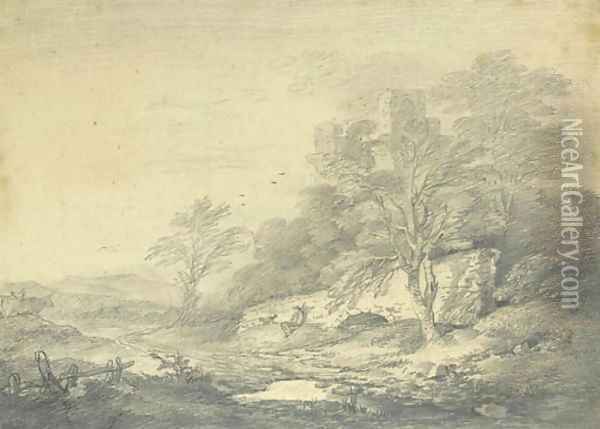 An extensive landscape with a traveller resting below a stone bridge, a ruined castle on a hill beyond Oil Painting - Thomas Gainsborough