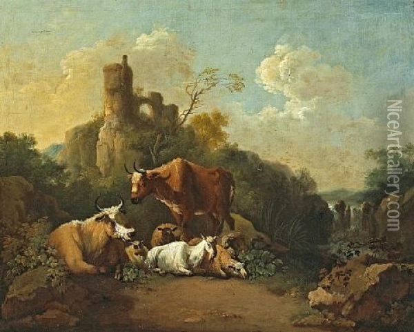 Sheep And Cattle In A Landscape With Ruins In The Distance Oil Painting - Jacob (Rosa di Napoli) Roos
