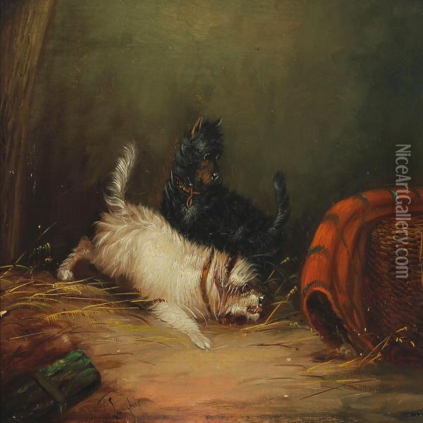 Terriers Chasing A Mouse Oil Painting - J. Langlois