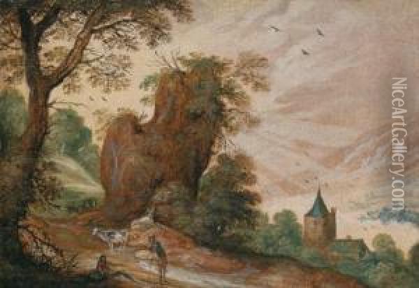 Paesaggio Montuoso Con Roccia E Pastori Oil Painting - Jasper van der Lamen