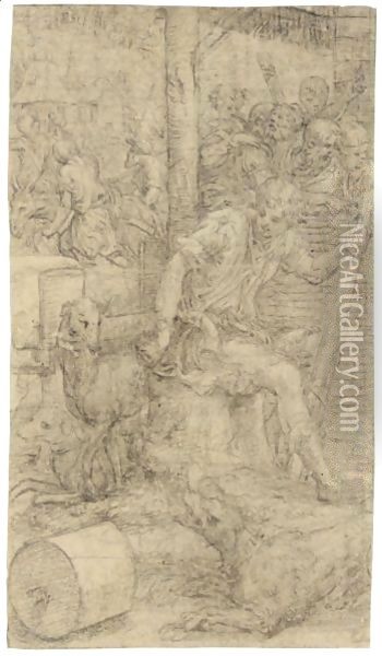 A Young Shepherd Seated On A Tree Trunk, Three Dogs Beside Him, Figures Beyond And Houses In The Background Oil Painting - Giulio Campi
