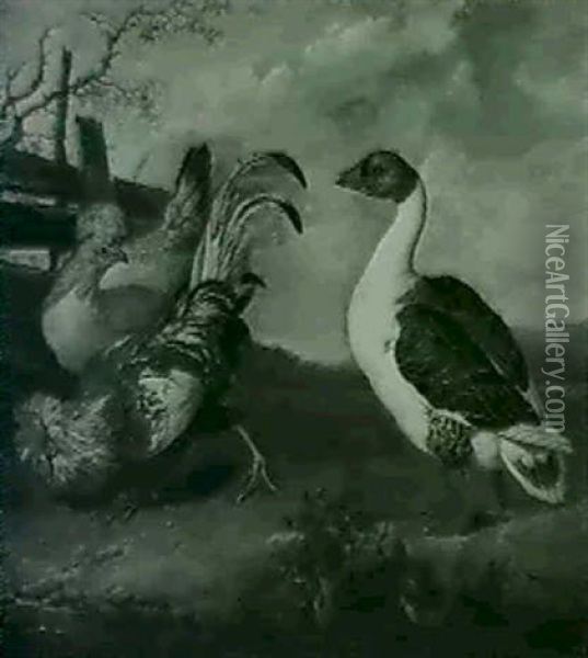 A Goose And Poultry In A Landscape Oil Painting - Philipp Ferdinand de Hamilton