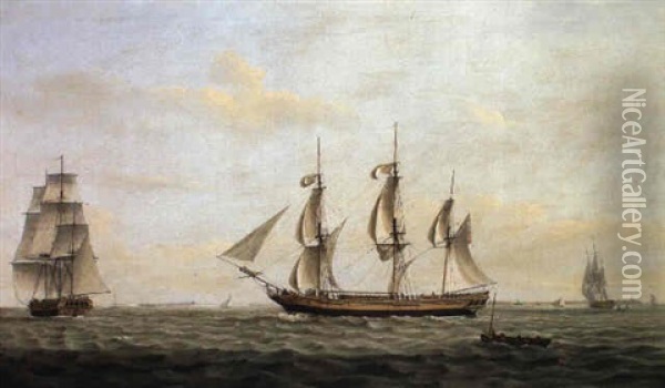 The Ship Fame In Three Positions Oil Painting - Thomas Luny