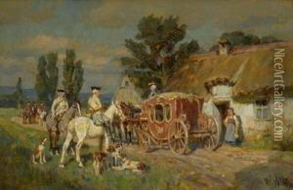 Halt Der Kutsche Vor Dem
 Bauernhaus. Oil Painting - Wilhelm Velten