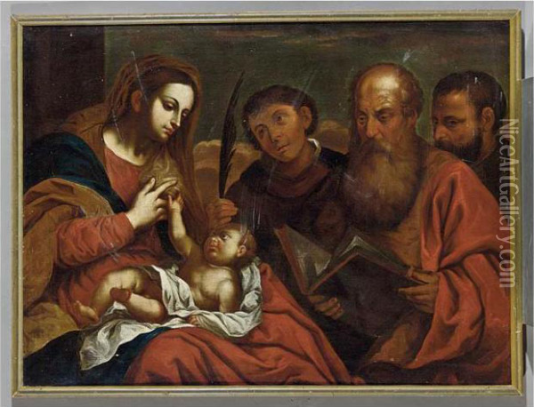 The Madonna And Child Together With St. Stephen, St. Jerome And St. Maurice Oil Painting - Tiziano Vecellio (Titian)