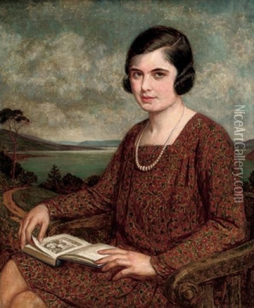 Portrait Of A Lady, A Book On Her Lap, A Landscape Beyond Oil Painting - John Bernard Munns