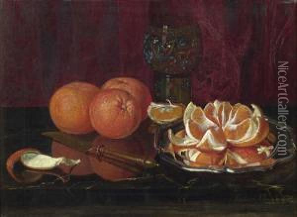 Still Life With Oranges. 1881. Oil Painting - Sophus Petersen