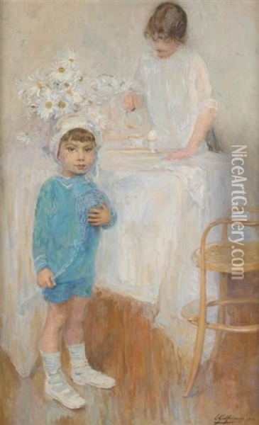 Les Enfants Preparant Le Petit Dejeuner Oil Painting - Ernest Jean Joseph Godfrinon
