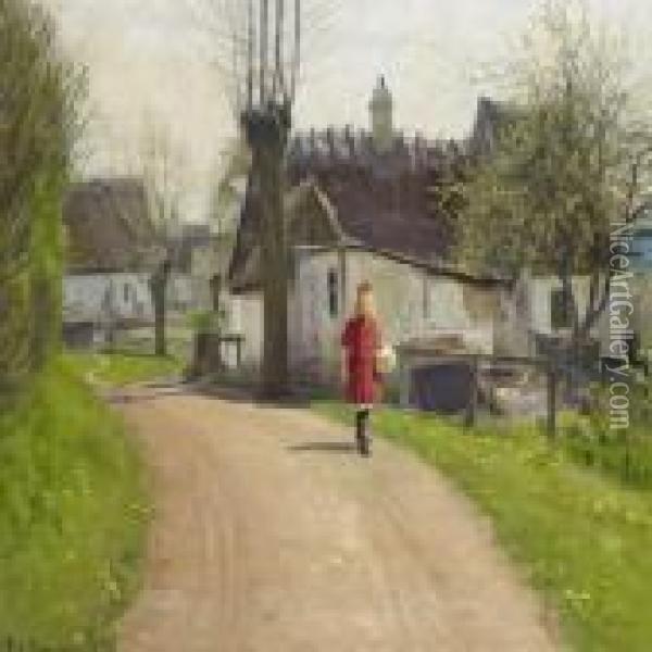 A Young Girl At A Small Village Road In Early Spring Time Oil Painting - Hans Anderson Brendekilde