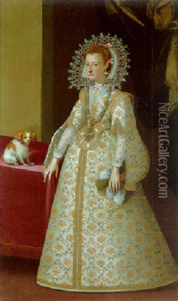 Portrait Of A Lady, Full Length, In A White And Gold Dress And Jewelled Collar Holding Gloves, Dog Nearby Oil Painting - Santo Peranda