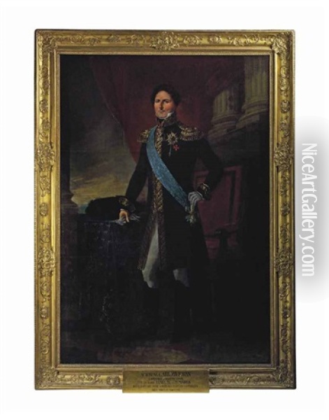 Portrait Of Carl Xiv Johan, King Of Sweden And Norway (1763-1844), Full-length, Wearing The Royal Order Of The Seraphim, Standing Beside A Table Oil Painting - Frederik Westin