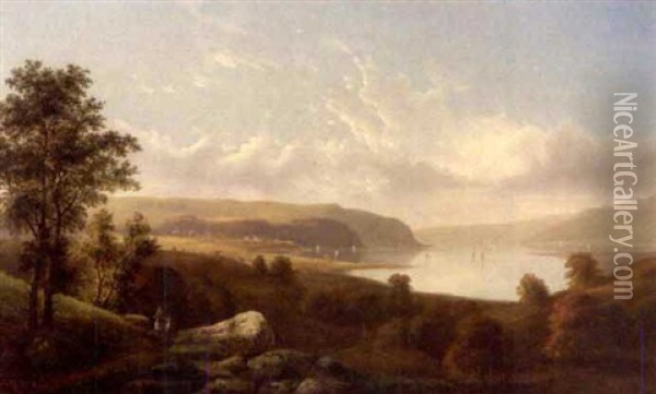 View Of The Hudson River With Figures On A Path Oil Painting - Gunther Hartwick