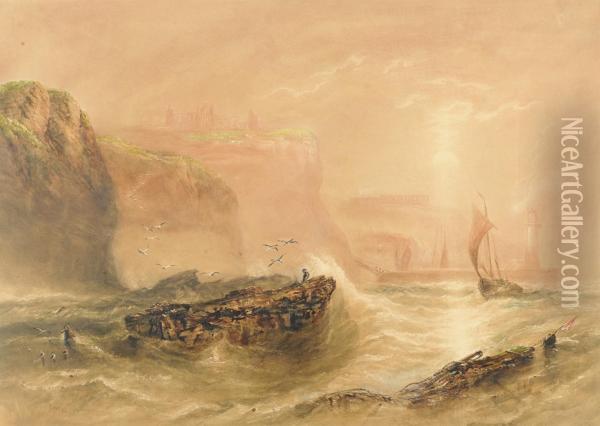 Fishing Boats Off Whitby Harbour, The Abbey In The Distance Oil Painting - Joseph Newington Carter