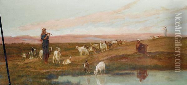 Figures And Goats By An Oasis Oil Painting - Frederick Goodall