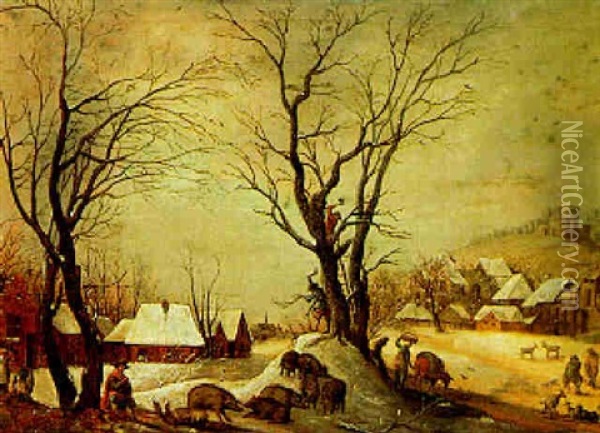 Peasants Cutting Wood In A Winter Landscape With Wild Boar And Goats Nearby Oil Painting - Frans de Momper